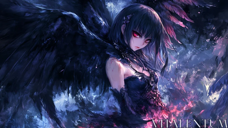 Dark-winged anime seraph with crimson eyes in ethereal vortex