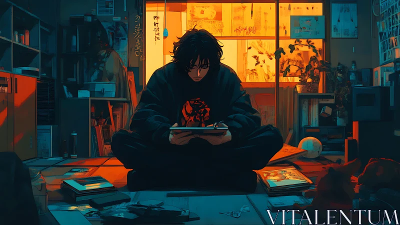 Solitary manga artist studies pages under dramatic bicolor light