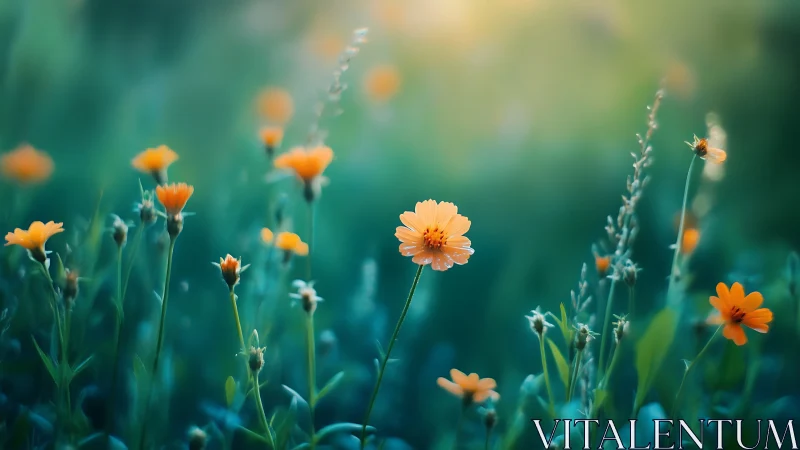 Orange Calendula Blooms in Soft-Focus Field with Selective Depth.