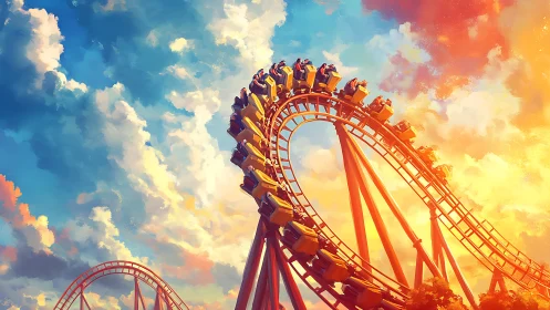Sunlit roller coaster arcs through a vivid, painted sky