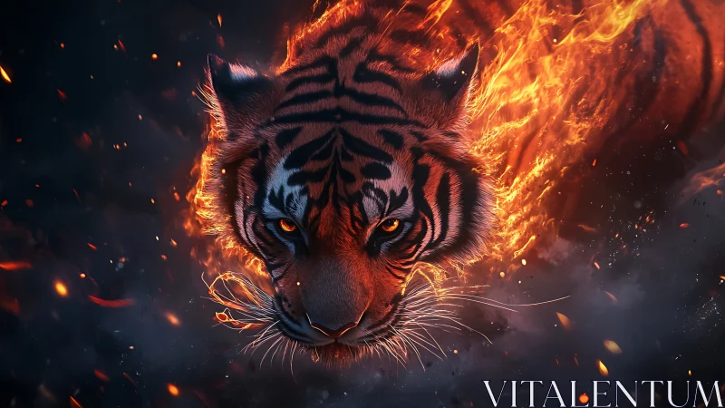 Flaming tiger head emerging from dark smoky background.