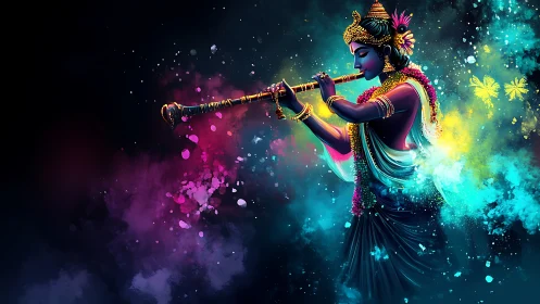 Cosmic flute-weaver paints midnight clouds with color