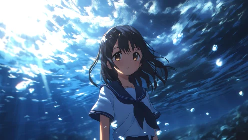 Schoolgirl stands underwater beneath fractured sunlight