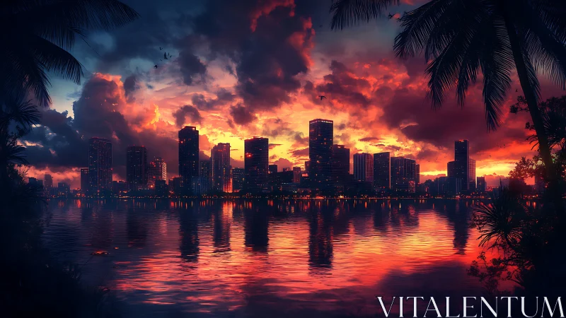 Tropical city skyline under burning sunset clouds over bay.
