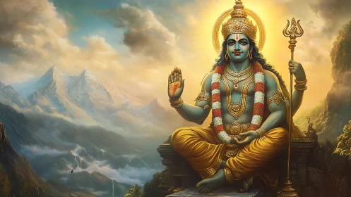 Seated blue-skinned deity figure overlooks distant mountain range