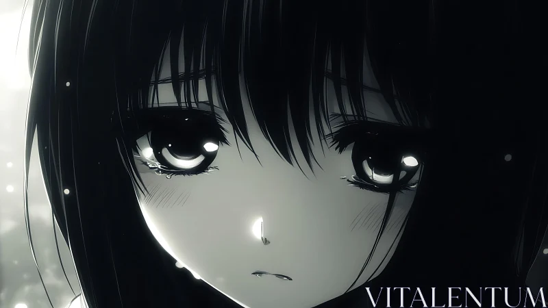 Monochrome close-up of melancholic anime girl portrait