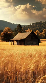 Timber cabin in golden wheat field under autumn stormlight
