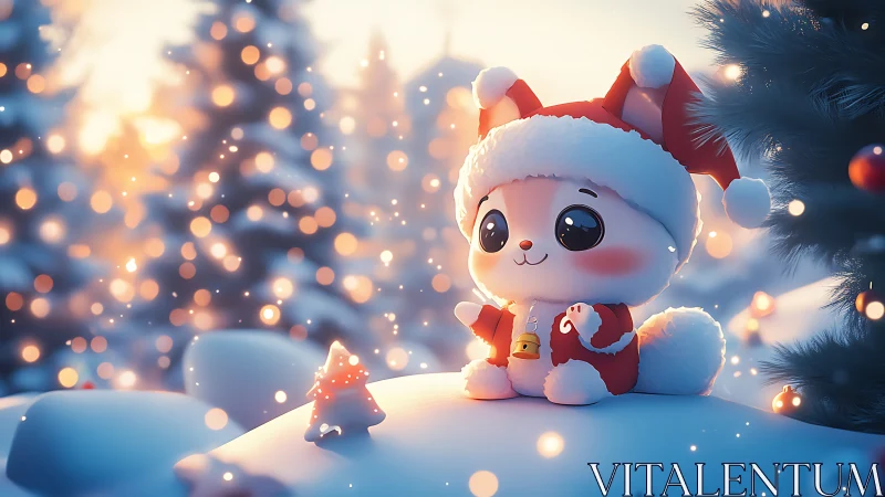 Cute Christmas fox character enjoys snowy holiday glow.