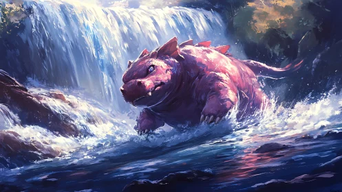Powerful pink beast charging through roaring waterfall.