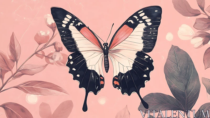 Butterfly illustration centered on muted floral background.