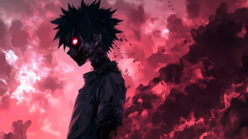 Red-eyed dark anime figure stands in swirling blood sky.