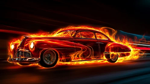Vintage Hot Rod Engulfed in Fiery Neon Flames.