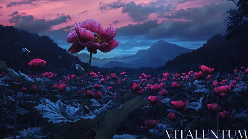 Pink flower field under twilight sky and distant mountains.