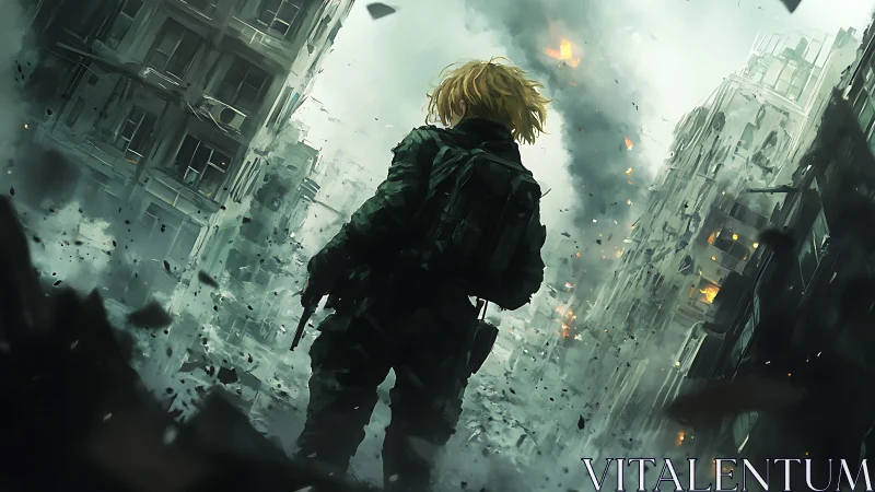 Solitary soldier in ruined urban street under bombardment.