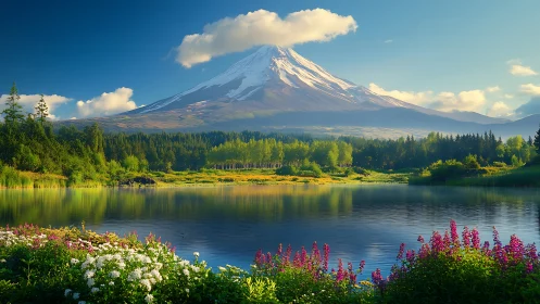 Sunlit mountain lake wrapped in wildflowers and quiet clouds.