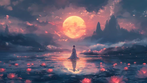 Digital painting of lunar-lit lotus lake and distant spires.
