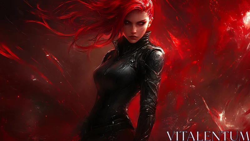 Crimson vector combatant in high-gloss tactical exosuit.