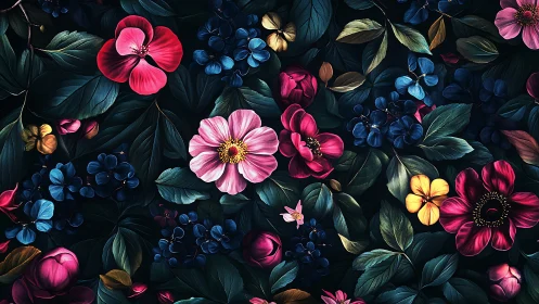 Nocturnal Floral Composition with Dimensional Botanical Rendering Technique.