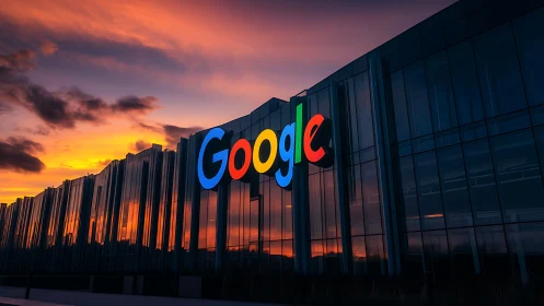 Google headquarters glass facade under vivid sunset sky.