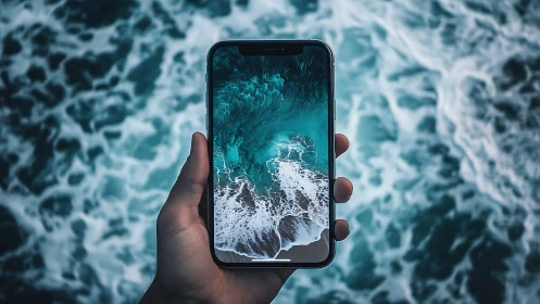 Smartphone display merges with turbulent teal ocean surface
