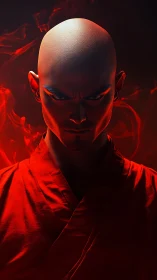 Intense bald warrior emerges from crimson shadows and fire