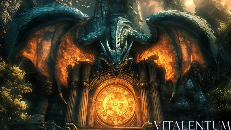 Ancient dragon guards a blazing arcane gate in ruined citadel