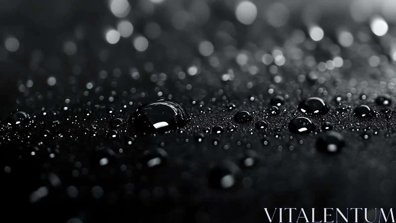 Macro water droplets rest on textured black surface