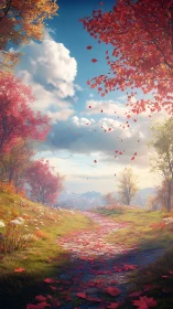 Autumn forest path curves through colorful trees and drifting leaves.