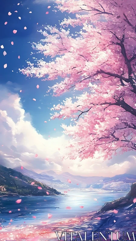 Sakura shoreline under vibrant sky beside tranquil mountain lake.