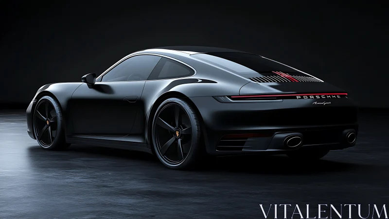 Midnight-black Porsche coupe poised like a stealth predator.