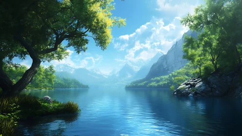 Calm mountain lake with trees under clear blue sky.