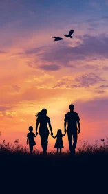 Silhouette of four people walking under multicolored sunset sky.