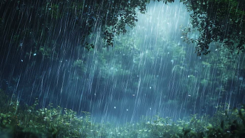 Heavy Rain Cascades Through Forest Canopy