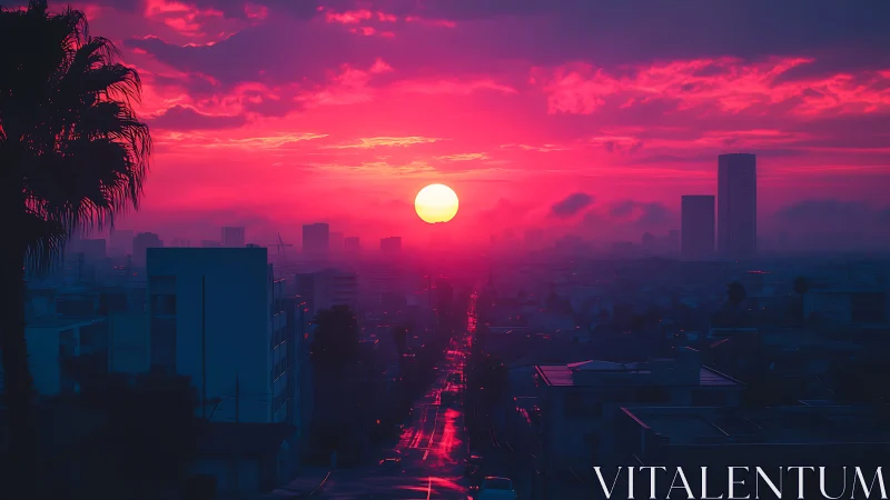 Neon magenta sunset over misty city boulevard skyline.