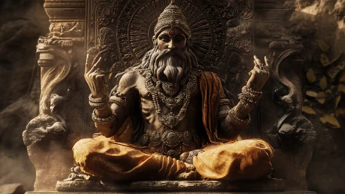 Divine sage statue in ornate carved stone sanctuary.