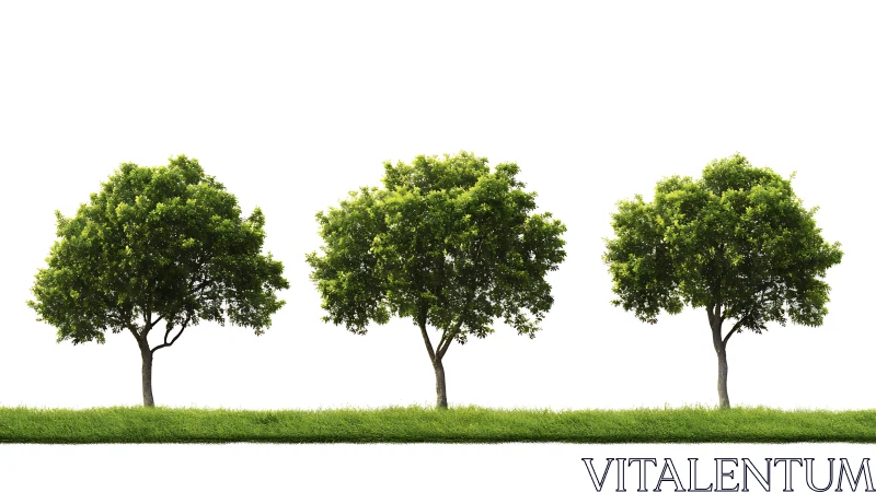 Four aligned green trees stand in bright minimalist space