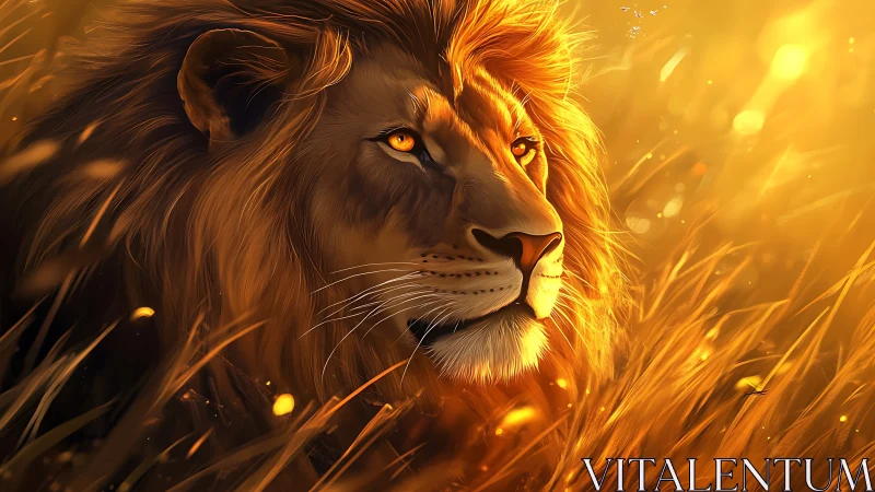 Majestic lion gazes through glowing golden savanna light.