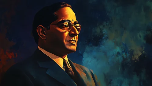 Formal male portrait in suit with abstract painted backdrop.