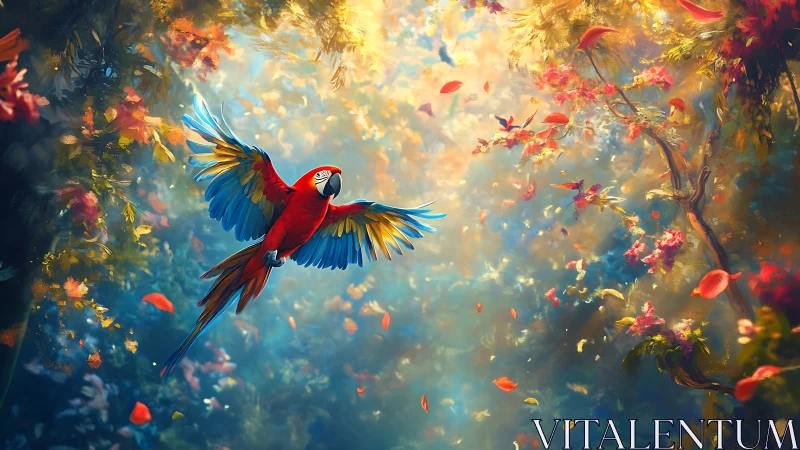 Scarlet macaw glides through dense, light-filled forest clearing