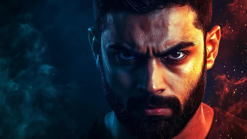 Intense male portrait split by blue and red dramatic lighting