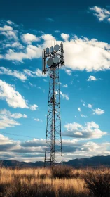 Cell tower rises over sunlit grassland beneath vivid clouds