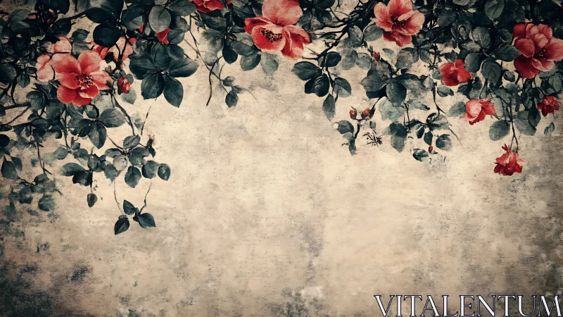 Vintage floral canopy drapes over distressed parchment ground
