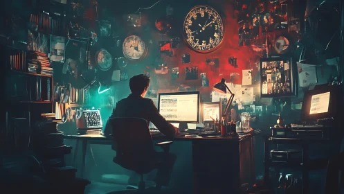 Lone researcher studies digital evidence in cluttered neon office