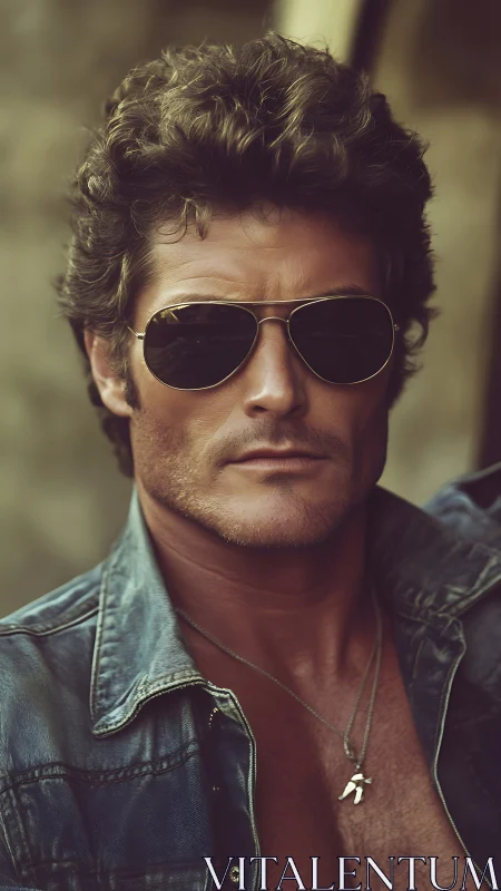 Retro styled man in aviator sunglasses and denim shirt