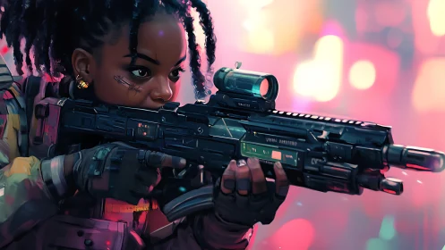 Cyberpunk sniper girl aiming rifle in neon city haze.