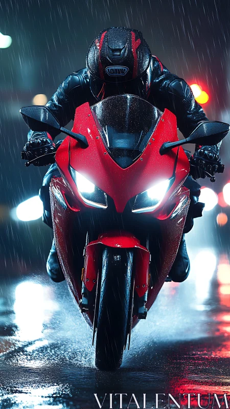 Motorcyclist rides sport bike through wet city street at night
