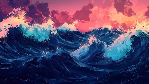 Neon storm waves under magenta sunset sky in motion.