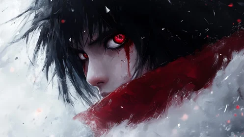 Scarlet-eyed warrior emerging through icy storm haze.