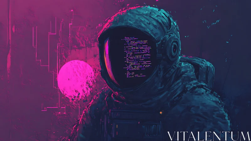 Neon astronaut drifts through code lit by a pink moon.