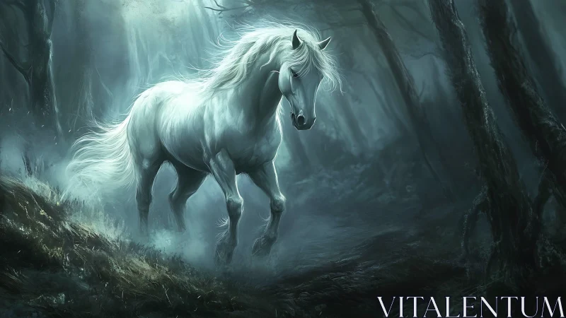 White horse moving through misty dark forest at night.